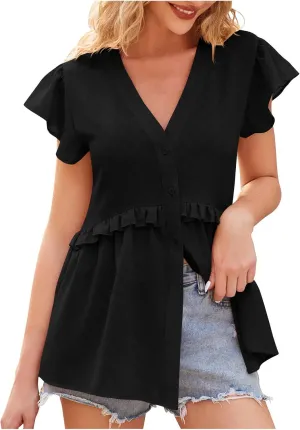 Hollow Out Shirts for Women Summer V Neck Trendy Button Tunics Tops Ruffle Short Sleeve Dressy Casual Blouses