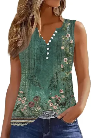 HTHLVMD Tank Tops for Women 2025 Summer Pleated Tunic Loose Fit Sleeveless Shirts Dressy Casual V Neck Button Down Blouses