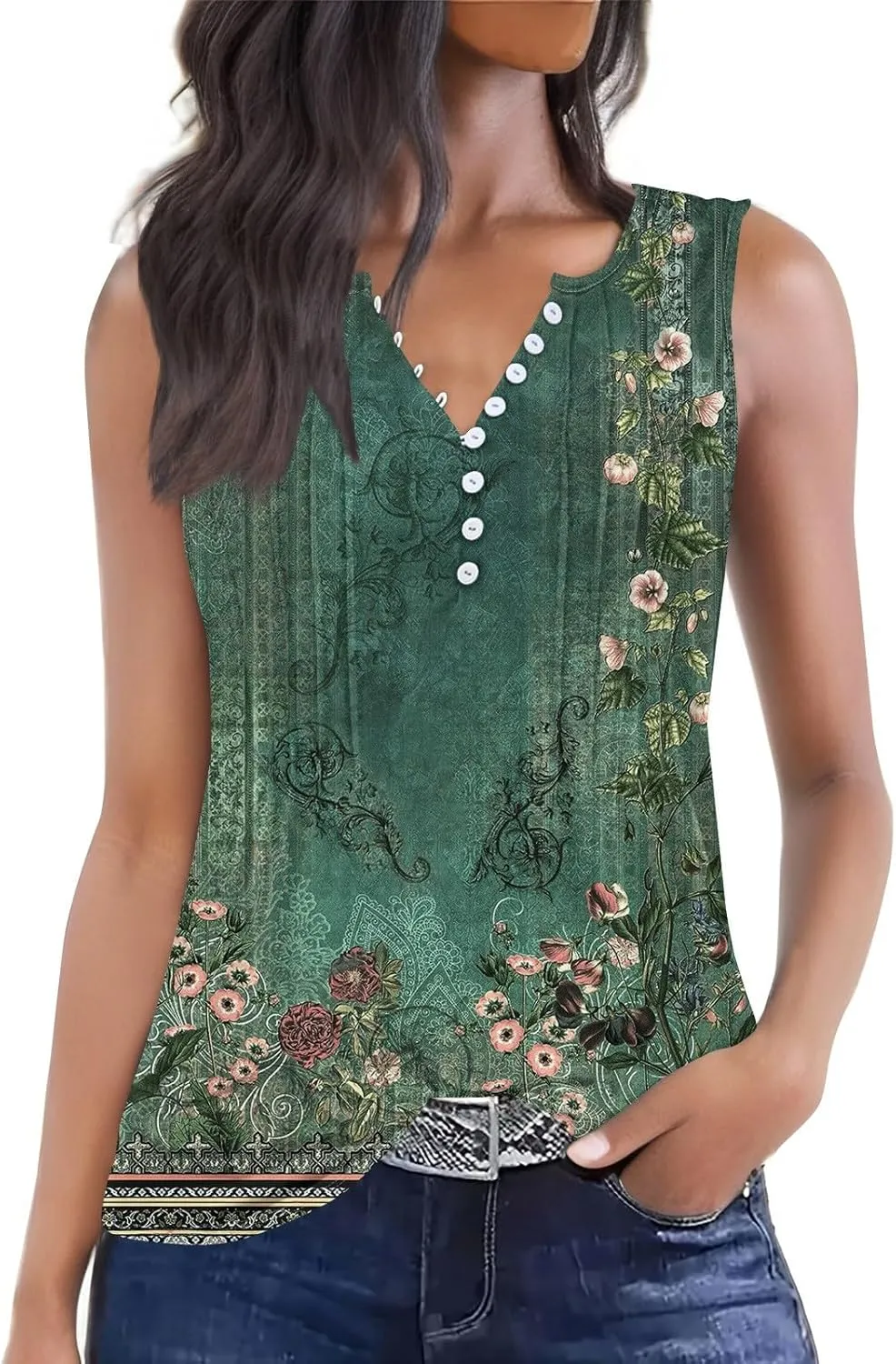 HTHLVMD Tank Tops for Women 2025 Summer Pleated Tunic Loose Fit Sleeveless Shirts Dressy Casual V Neck Button Down Blouses