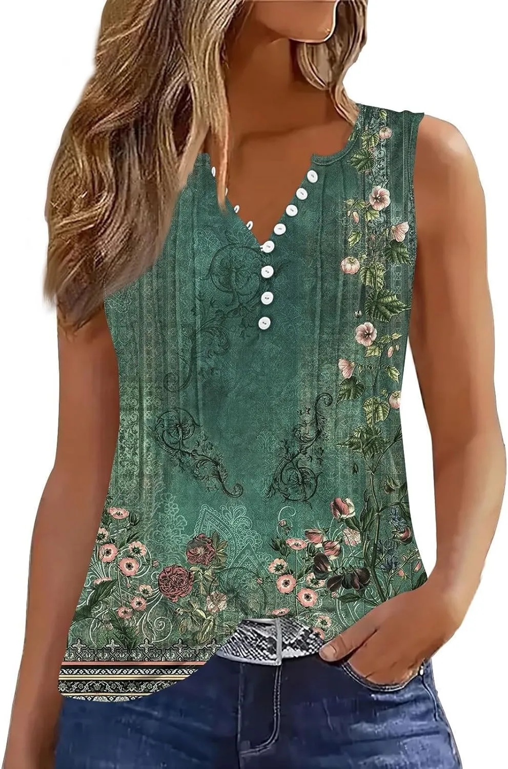 HTHLVMD Tank Tops for Women 2025 Summer Pleated Tunic Loose Fit Sleeveless Shirts Dressy Casual V Neck Button Down Blouses