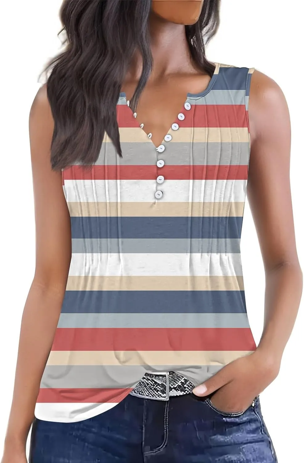 HTHLVMD Tank Tops for Women 2025 Summer Pleated Tunic Loose Fit Sleeveless T Shirts Dressy Casual V Neck Button Down Blouses
