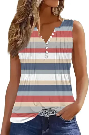 HTHLVMD Tank Tops for Women 2025 Summer Pleated Tunic Loose Fit Sleeveless T Shirts Dressy Casual V Neck Button Down Blouses