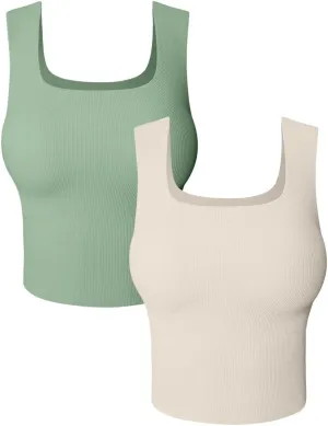 HYZ Women's 2 Piece Tanks Camis Ribbed Sleeveless Workout Going Out Basic Crop Tops
