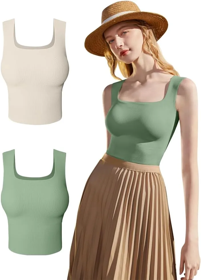 HYZ Women's 2 Piece Tanks Camis Ribbed Sleeveless Workout Going Out Basic Crop Tops
