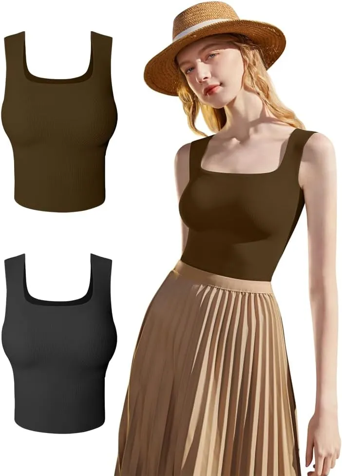 HYZ Women's 2 Piece Tanks Camis Ribbed Sleeveless Workout Going Out Basic Crop Tops