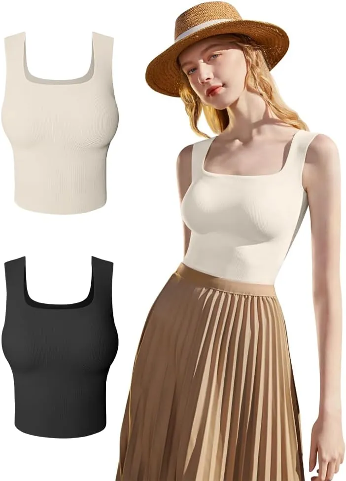 HYZ Women's 2 Piece Tanks Camis Ribbed Sleeveless Workout Going Out Basic Crop Tops