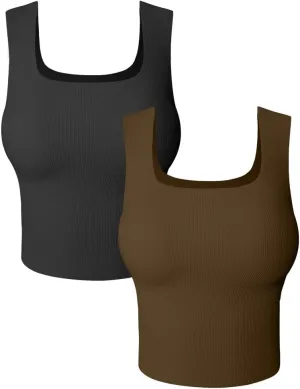 HYZ Women's 2 Piece Tanks Camis Ribbed Sleeveless Workout Going Out Basic Crop Tops