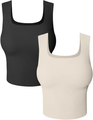 HYZ Women's 2 Piece Tanks Camis Ribbed Sleeveless Workout Going Out Basic Crop Tops
