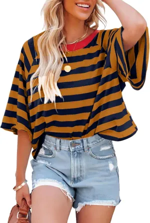 IWOLLENCE Women's Loose Casual Summer Striped Tops Crewneck 1/2 Short Sleeve Color Block Tee Oversized Cropped Shirts