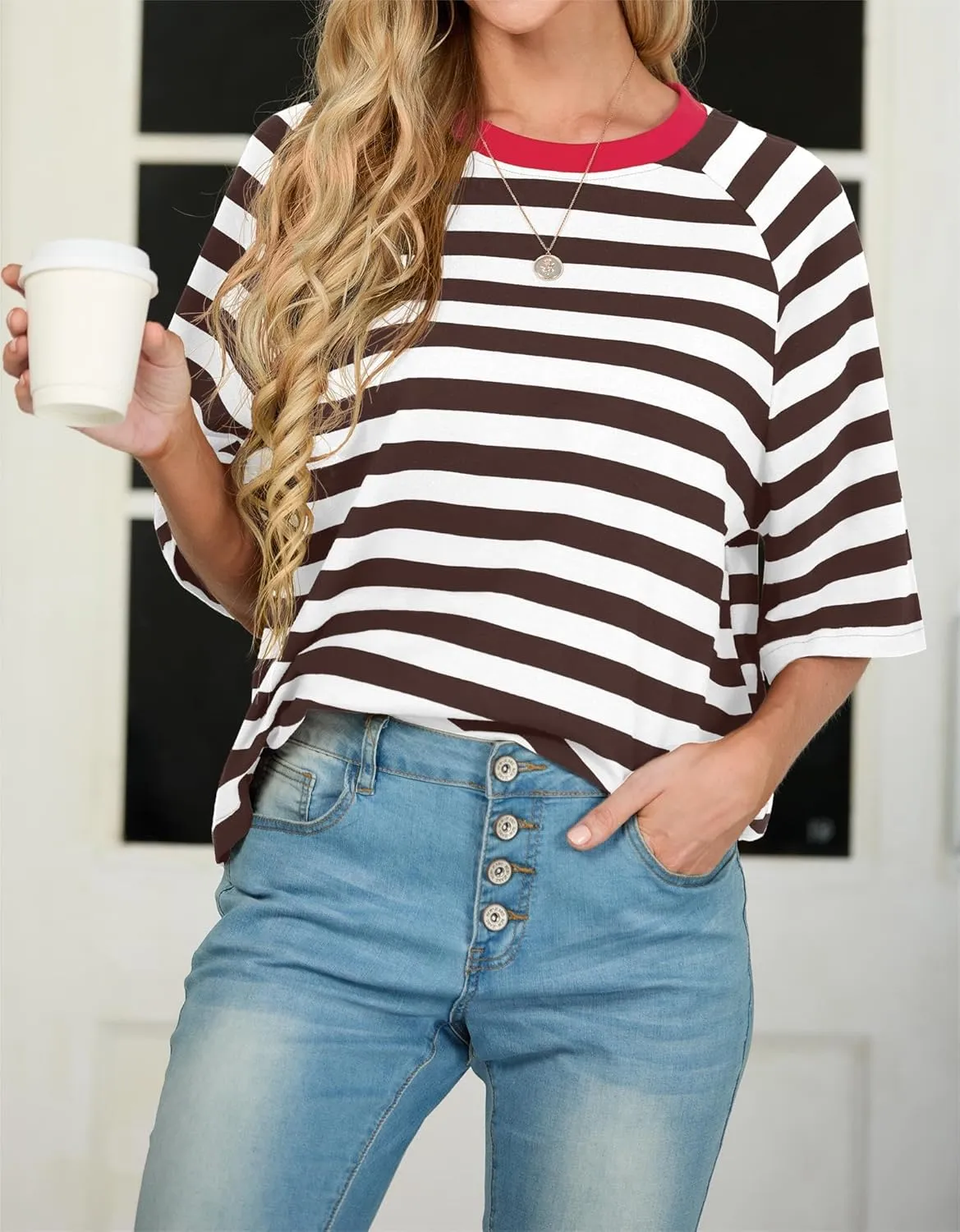 IWOLLENCE Women's Loose Casual Summer Striped Tops Crewneck 1/2 Short Sleeve Color Block Tee Oversized Cropped Shirts