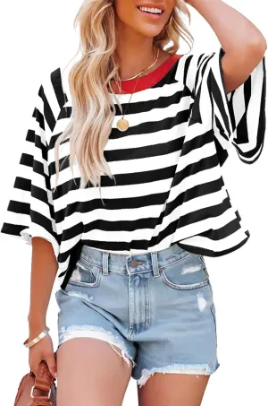 IWOLLENCE Women's Loose Casual Summer Striped Tops Crewneck 1/2 Short Sleeve Color Block Tee Oversized Cropped Shirts
