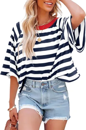 IWOLLENCE Women's Loose Casual Summer Striped Tops Crewneck 1/2 Short Sleeve Color Block Tee Oversized Cropped Shirts
