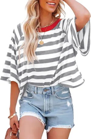 IWOLLENCE Women's Loose Casual Summer Striped Tops Crewneck 1/2 Short Sleeve Color Block Tee Oversized Cropped Shirts