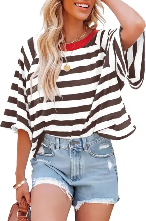 IWOLLENCE Women's Loose Casual Summer Striped Tops Crewneck 1/2 Short Sleeve Color Block Tee Oversized Cropped Shirts