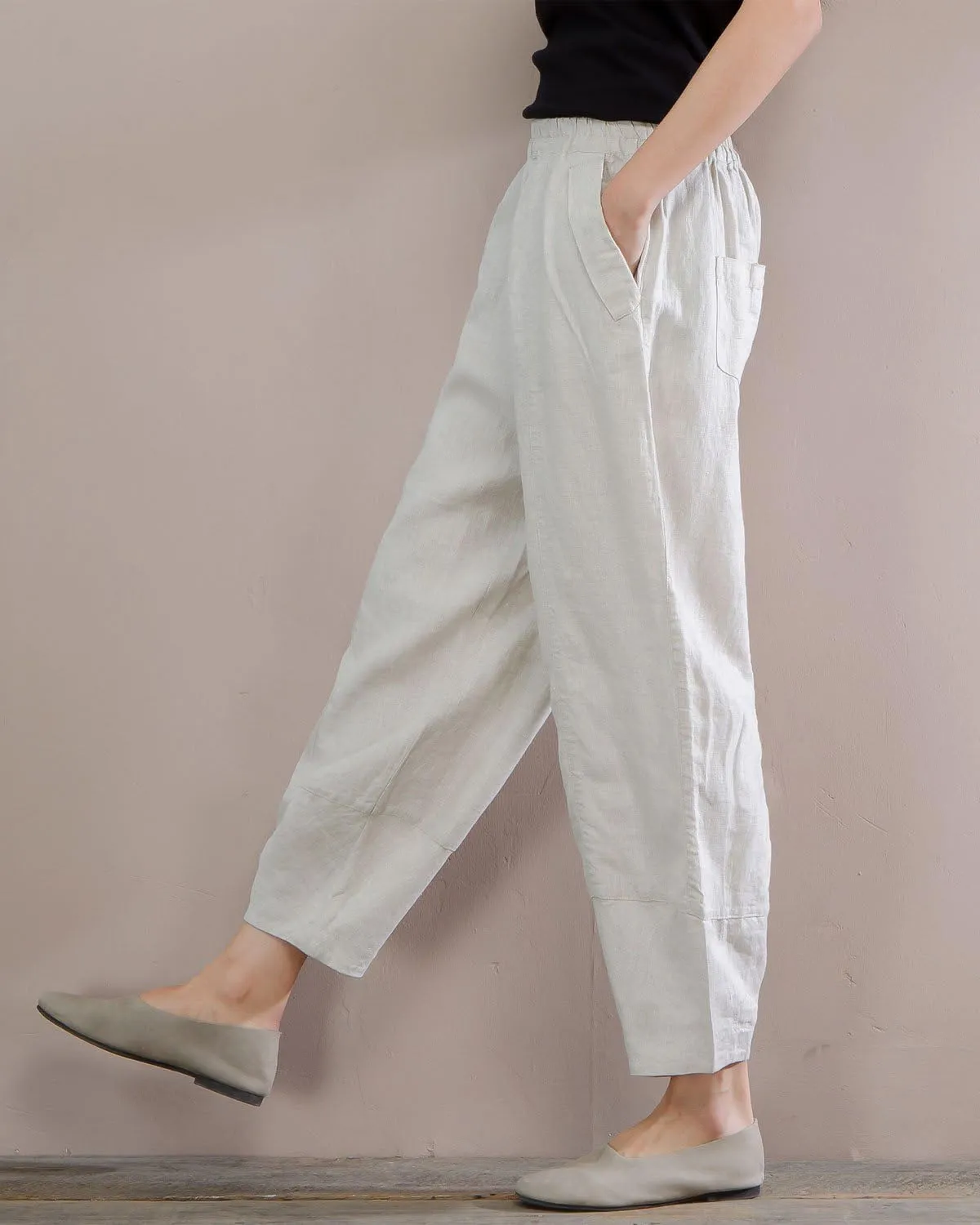 IXIMO Women's 100% Linen Pants Relax Fit Lantern Cropped TaperedPants Trousers with Elastic Waist