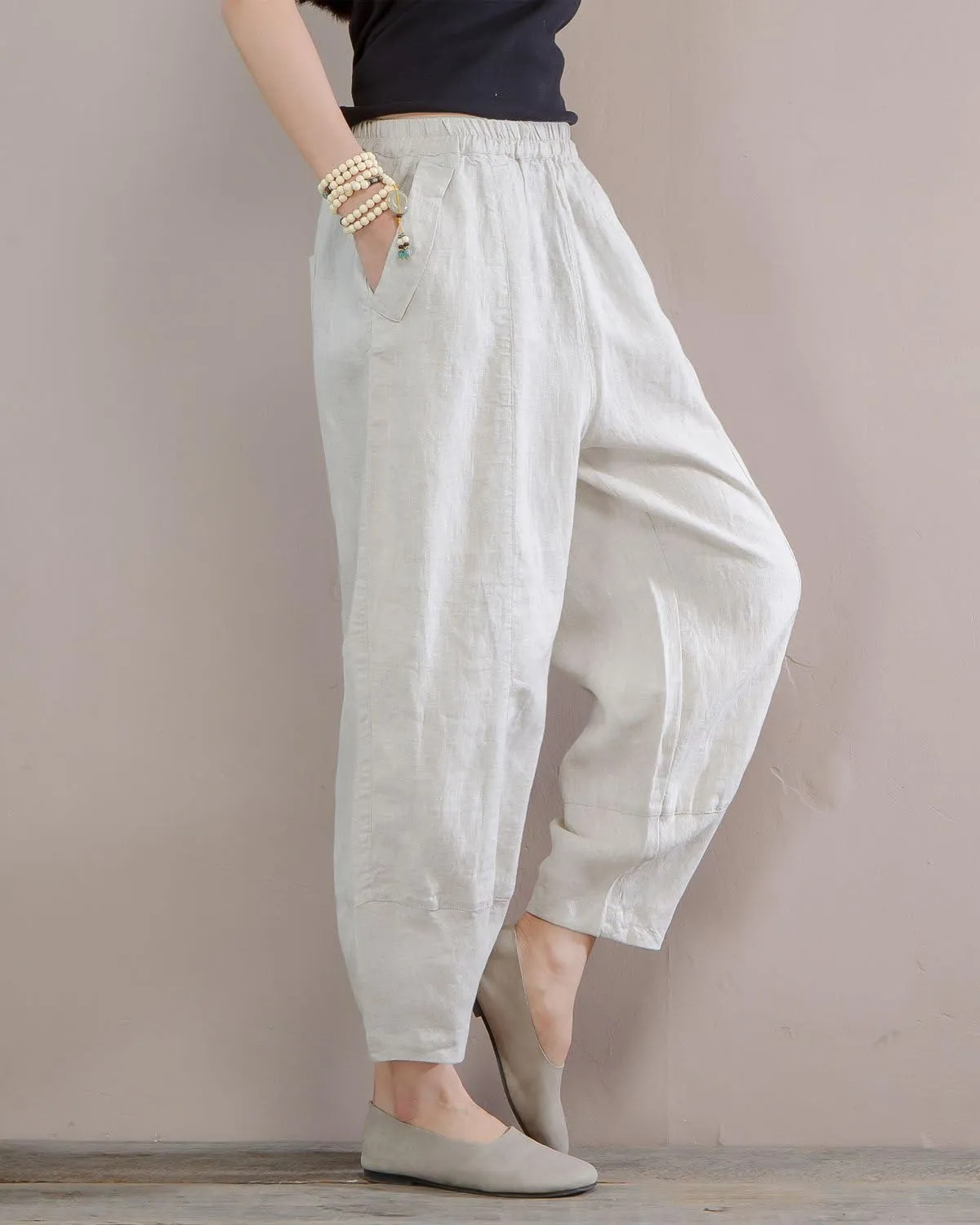 IXIMO Women's 100% Linen Pants Relax Fit Lantern Cropped TaperedPants Trousers with Elastic Waist