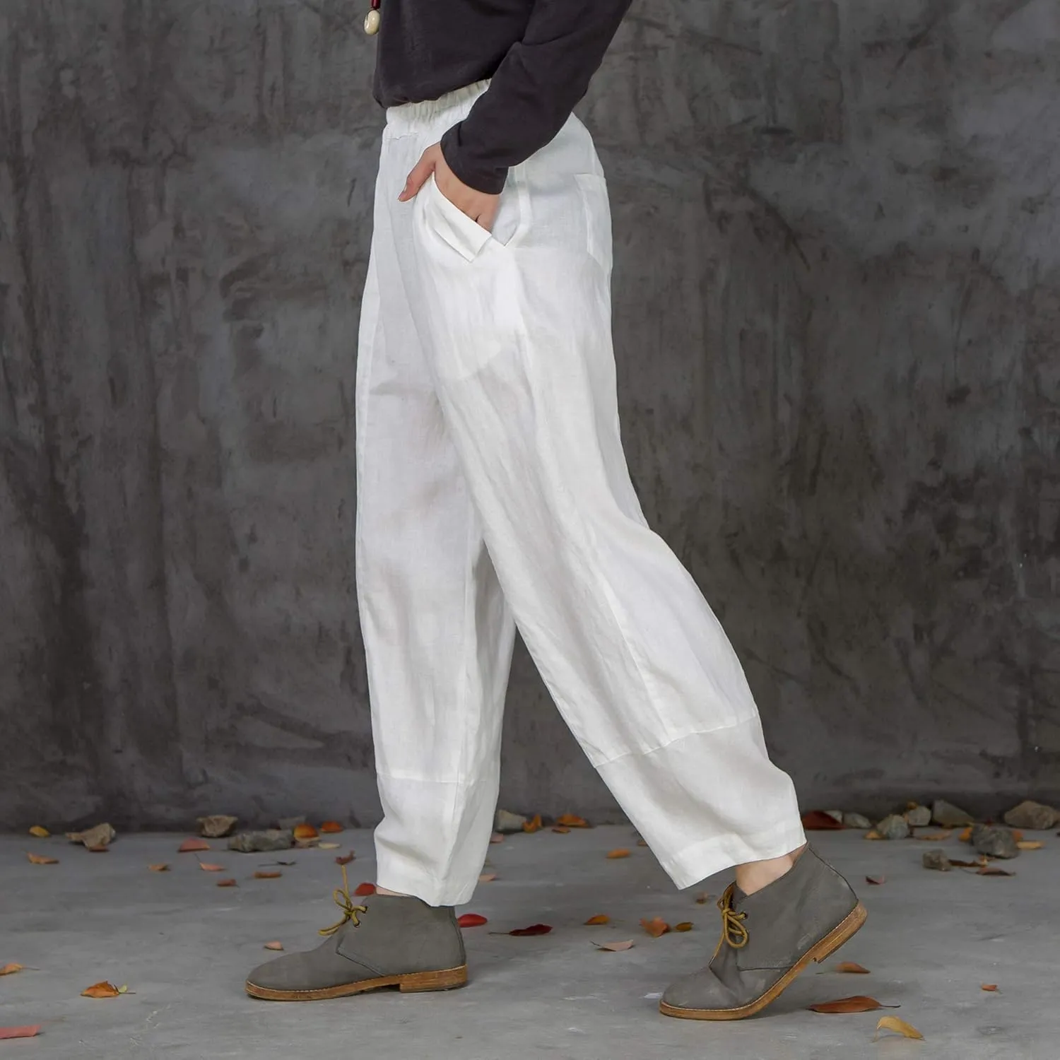 IXIMO Women's 100% Linen Pants Relax Fit Lantern Cropped TaperedPants Trousers with Elastic Waist
