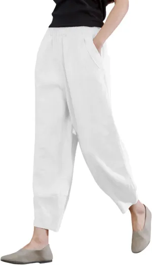 IXIMO Women's 100% Linen Pants Relax Fit Lantern Cropped TaperedPants Trousers with Elastic Waist