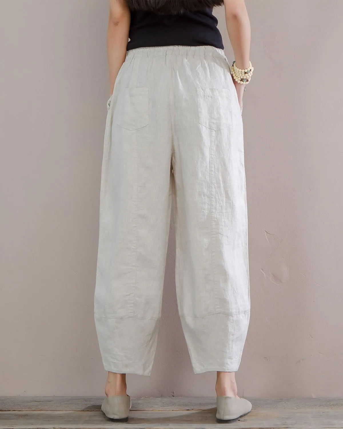 IXIMO Women's 100% Linen Pants Relax Fit Lantern Cropped TaperedPants Trousers with Elastic Waist