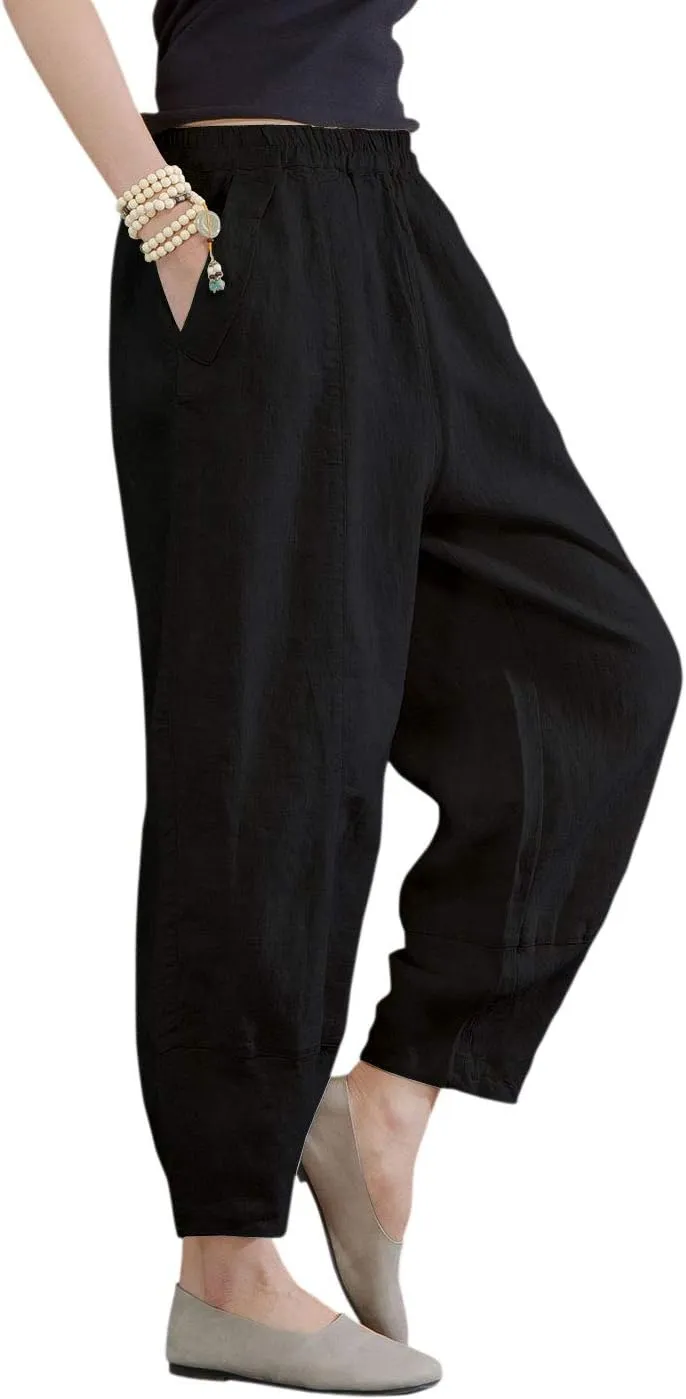 IXIMO Women's 100% Linen Pants Relax Fit Lantern Cropped TaperedPants Trousers with Elastic Waist