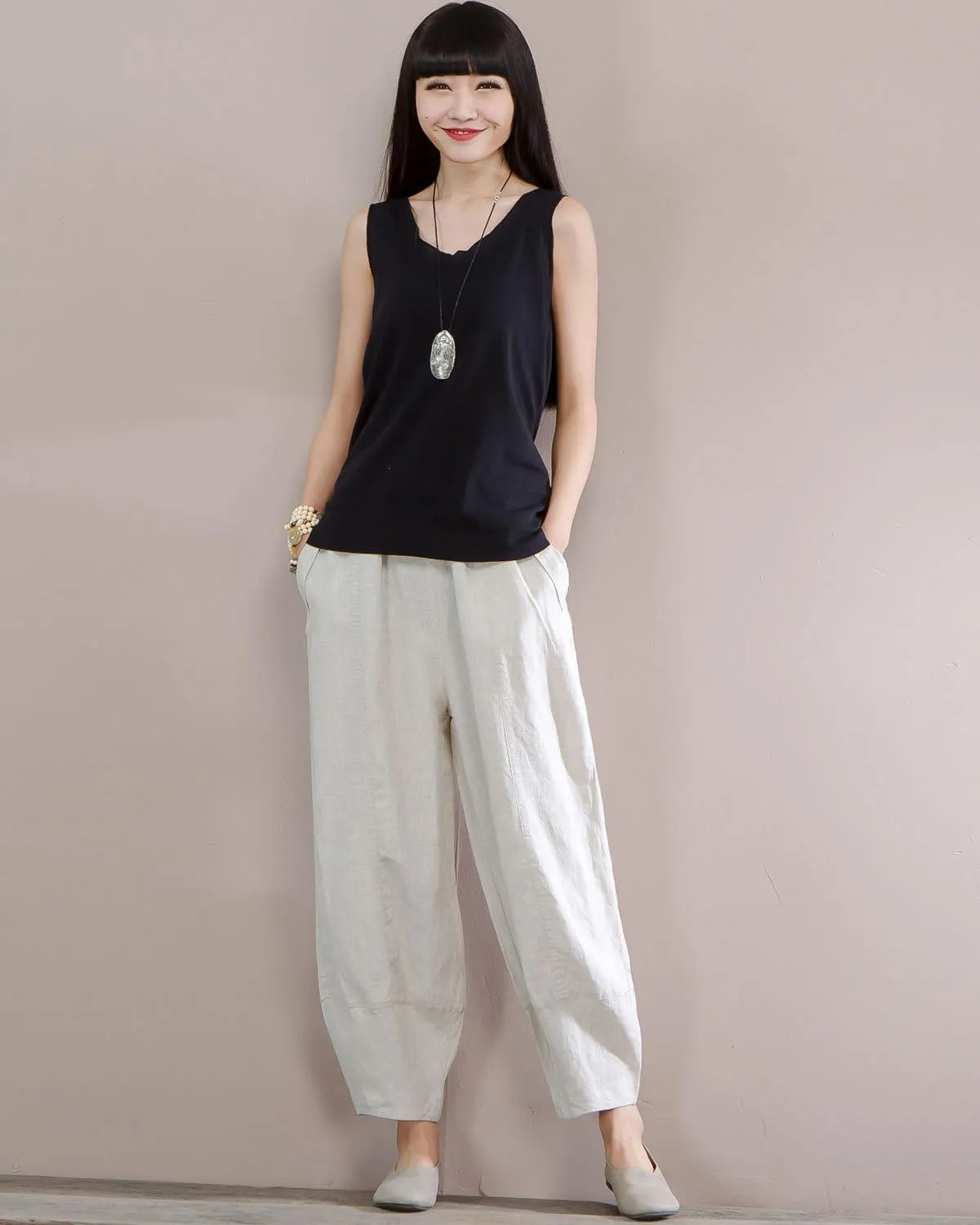 IXIMO Women's 100% Linen Pants Relax Fit Lantern Cropped TaperedPants Trousers with Elastic Waist