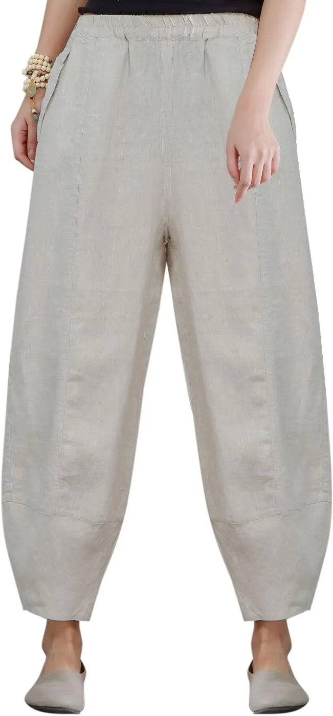 IXIMO Women's 100% Linen Pants Relax Fit Lantern Cropped TaperedPants Trousers with Elastic Waist