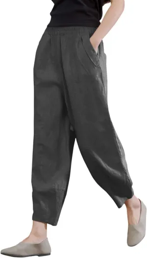 IXIMO Women's 100% Linen Pants Relax Fit Lantern Cropped TaperedPants Trousers with Elastic Waist