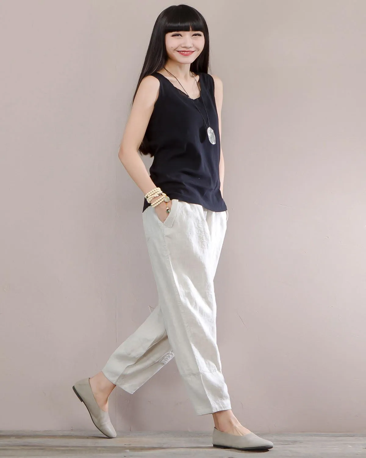 IXIMO Women's 100% Linen Pants Relax Fit Lantern Cropped TaperedPants Trousers with Elastic Waist