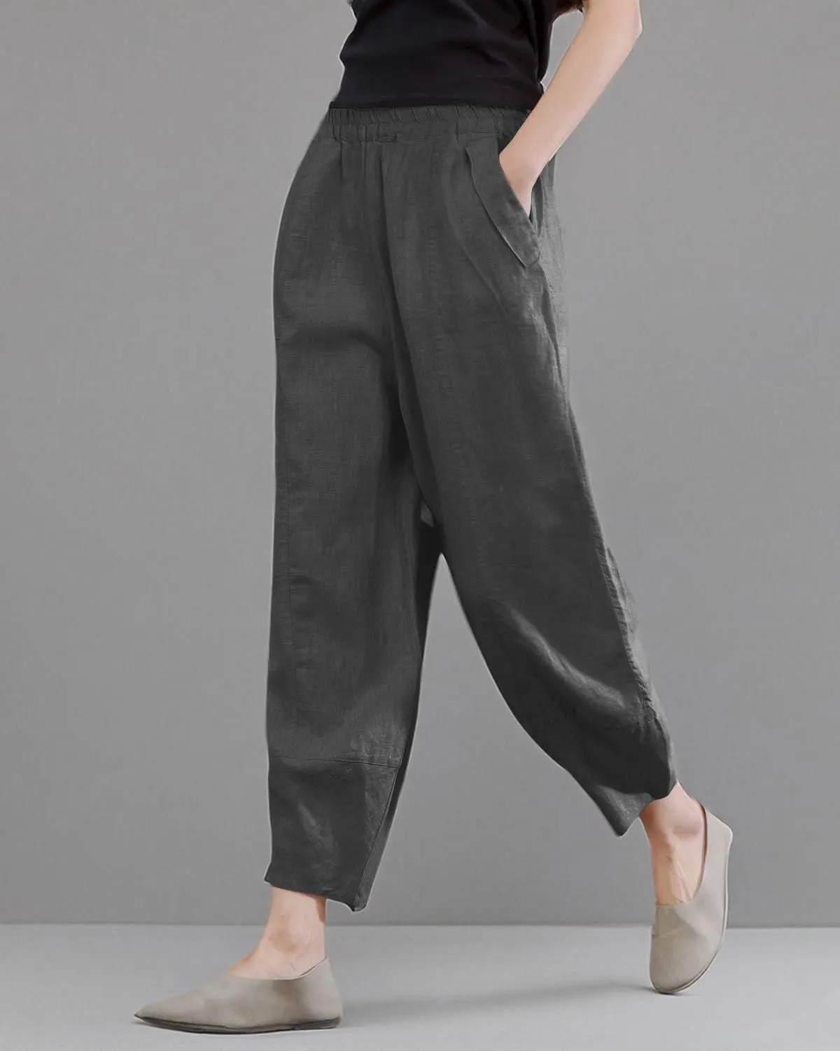IXIMO Women's 100% Linen Pants Relax Fit Lantern Cropped TaperedPants Trousers with Elastic Waist