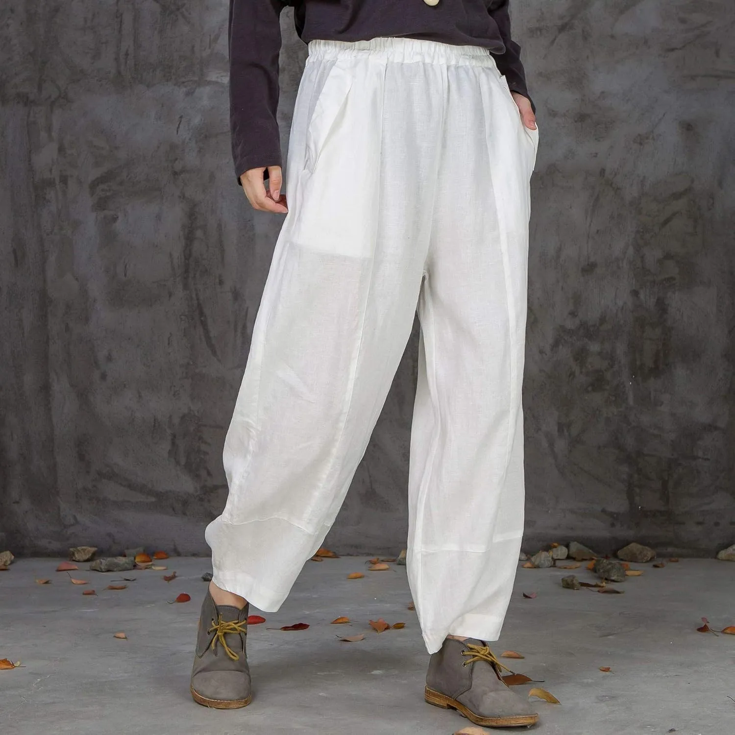 IXIMO Women's 100% Linen Pants Relax Fit Lantern Cropped TaperedPants Trousers with Elastic Waist