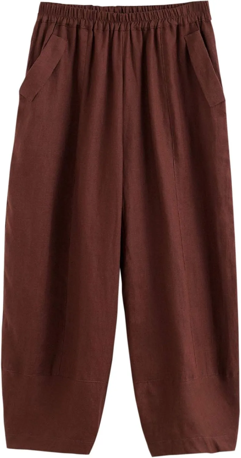 IXIMO Women's 100% Linen Pants Relax Fit Lantern Cropped TaperedPants Trousers with Elastic Waist