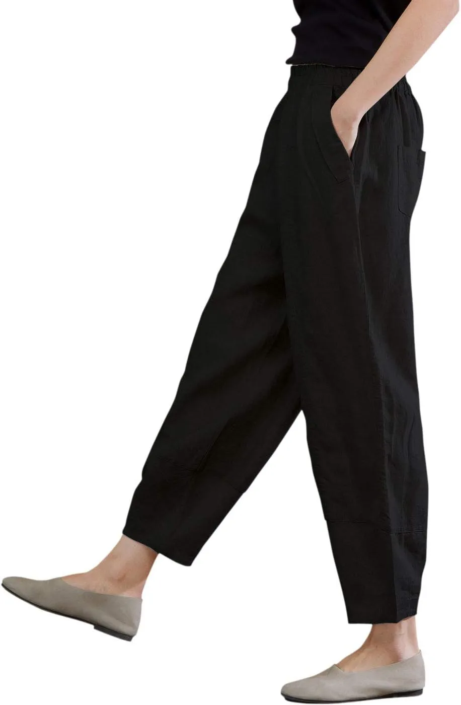 IXIMO Women's 100% Linen Pants Relax Fit Lantern Cropped TaperedPants Trousers with Elastic Waist