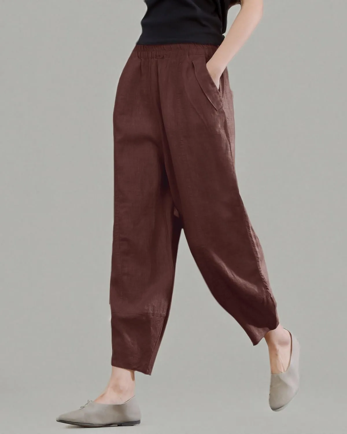 IXIMO Women's 100% Linen Pants Relax Fit Lantern Cropped TaperedPants Trousers with Elastic Waist
