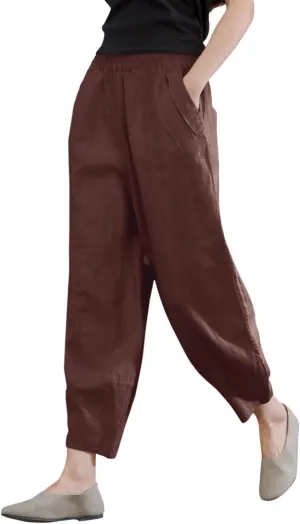 IXIMO Women's 100% Linen Pants Relax Fit Lantern Cropped TaperedPants Trousers with Elastic Waist