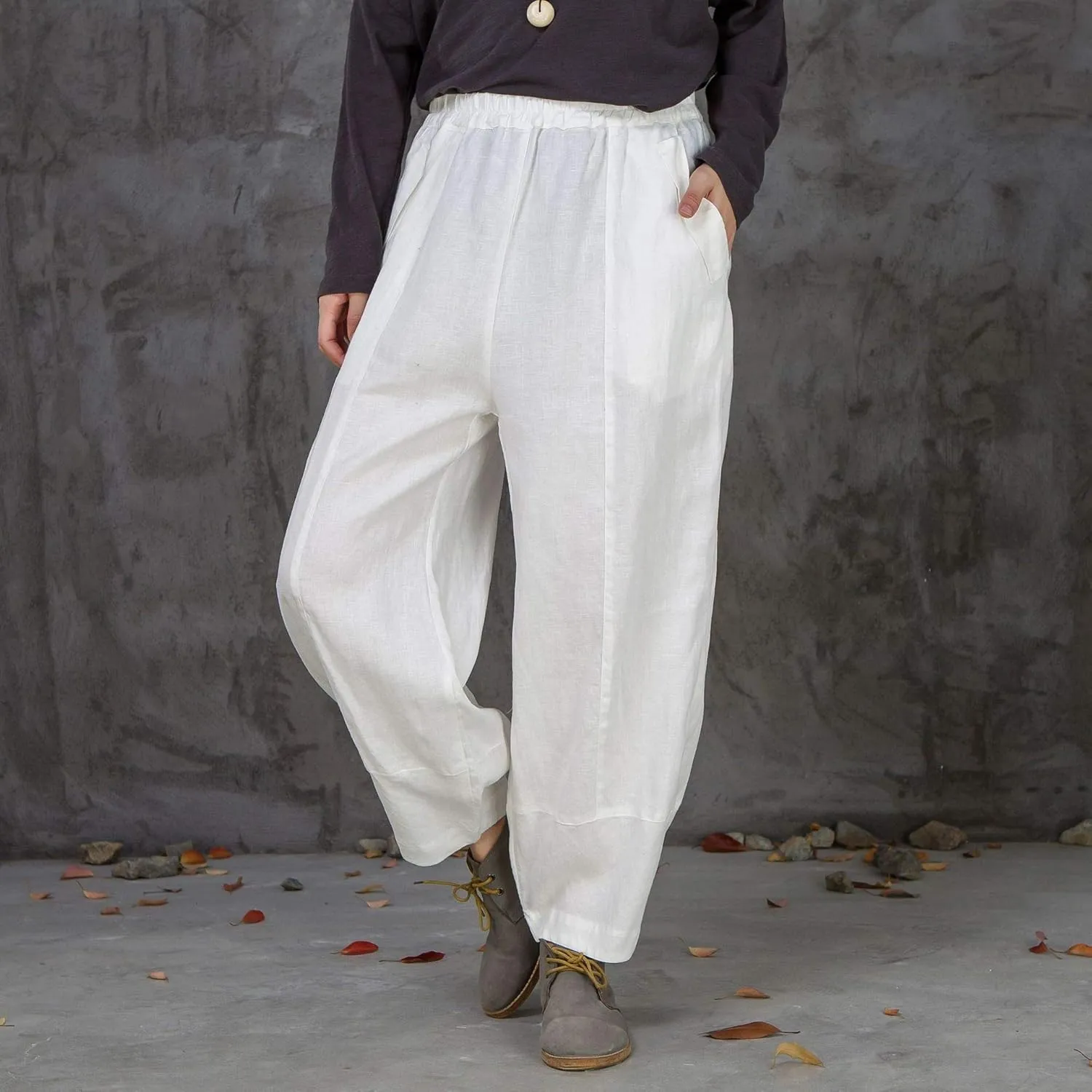 IXIMO Women's 100% Linen Pants Relax Fit Lantern Cropped TaperedPants Trousers with Elastic Waist