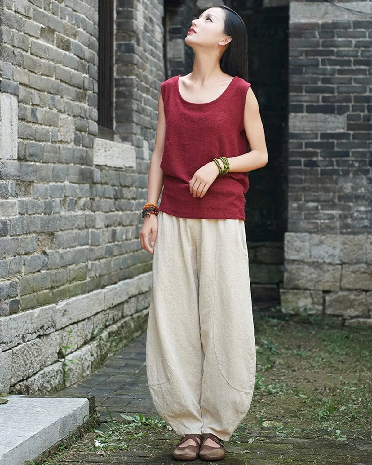 IXIMO Women's Casual Cotton Linen Baggy Pants with Elastic Waist Relax Fit Lantern Trouser