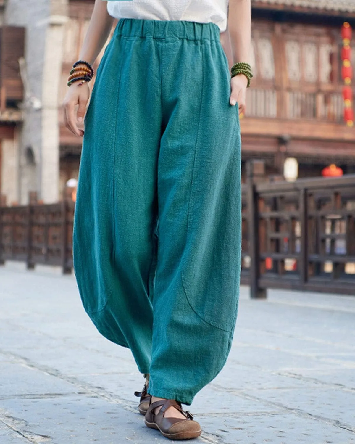 IXIMO Women's Casual Cotton Linen Baggy Pants with Elastic Waist Relax Fit Lantern Trouser