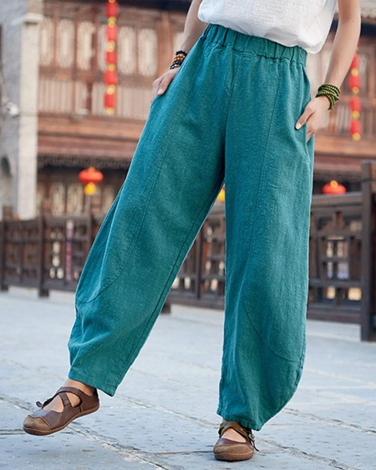 IXIMO Women's Casual Cotton Linen Baggy Pants with Elastic Waist Relax Fit Lantern Trouser