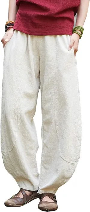 IXIMO Women's Casual Cotton Linen Baggy Pants with Elastic Waist Relax Fit Lantern Trouser
