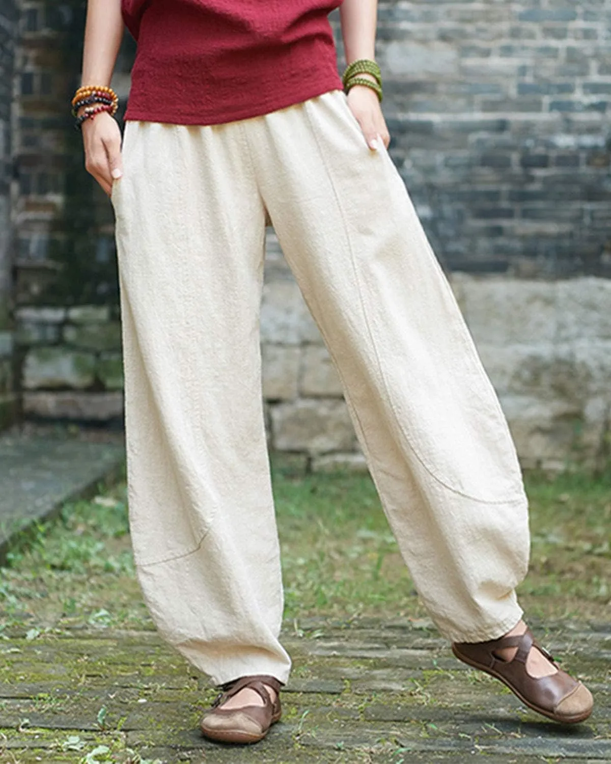 IXIMO Women's Casual Cotton Linen Baggy Pants with Elastic Waist Relax Fit Lantern Trouser