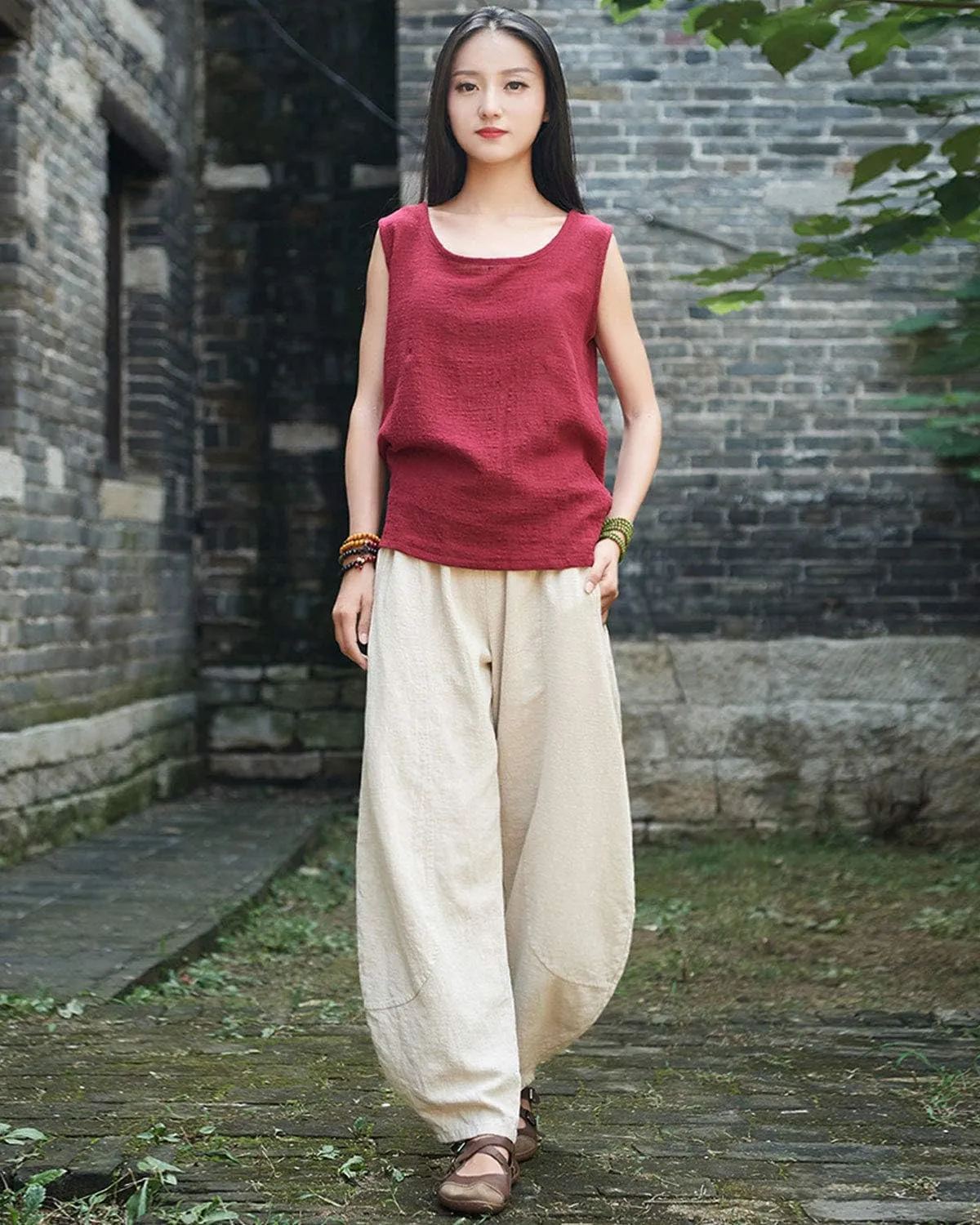 IXIMO Women's Casual Cotton Linen Baggy Pants with Elastic Waist Relax Fit Lantern Trouser