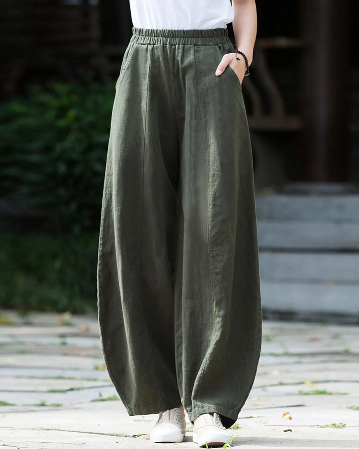 IXIMO Women's Casual Cotton Linen Baggy Pants with Elastic Waist Relax Fit Lantern Trouser