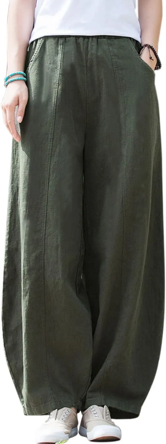 IXIMO Women's Casual Cotton Linen Baggy Pants with Elastic Waist Relax Fit Lantern Trouser