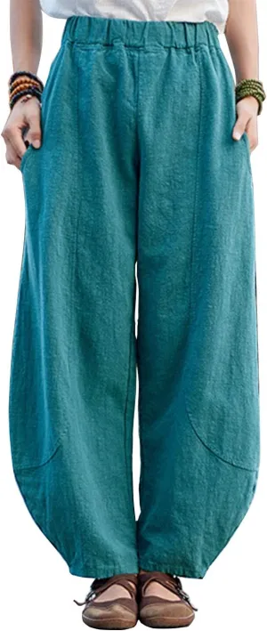 IXIMO Women's Casual Cotton Linen Baggy Pants with Elastic Waist Relax Fit Lantern Trouser