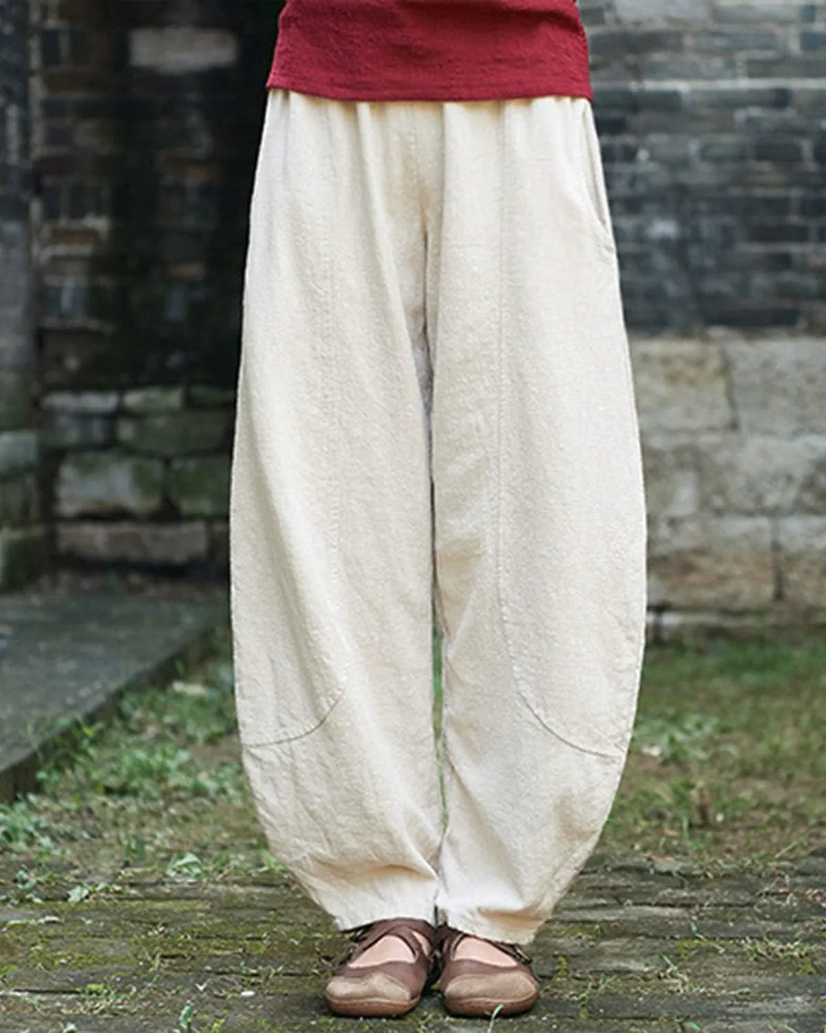 IXIMO Women's Casual Cotton Linen Baggy Pants with Elastic Waist Relax Fit Lantern Trouser