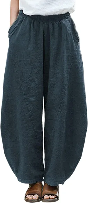 IXIMO Women's Cotton Linen Pants Casual Baggy Elastic Waist Relax Fit Trousers Slacks