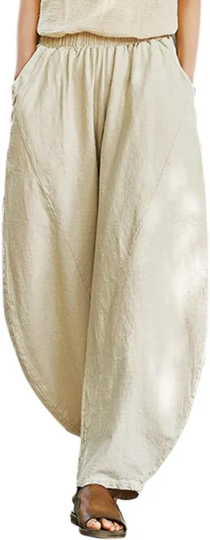 IXIMO Women's Cotton Linen Pants Casual Baggy Elastic Waist Relax Fit Trousers Slacks