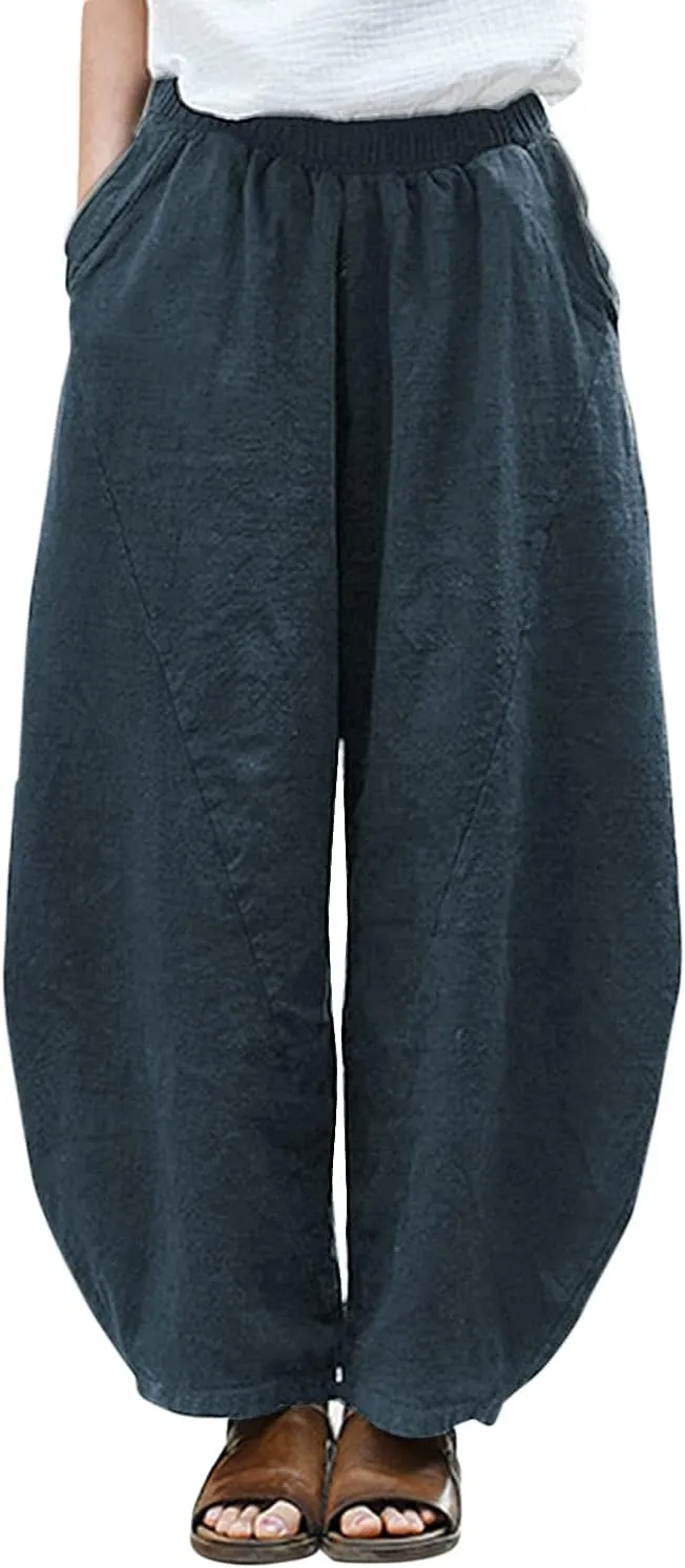 IXIMO Women's Cotton Linen Pants Casual Baggy Elastic Waist Relax Fit Trousers Slacks