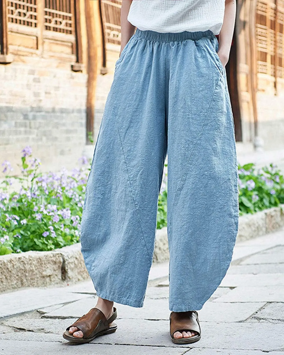 IXIMO Women's Cotton Linen Pants Casual Baggy Elastic Waist Relax Fit Trousers Slacks