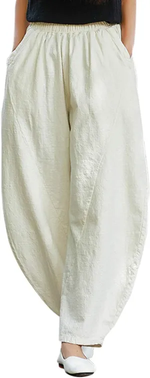 IXIMO Women's Cotton Linen Pants Casual Baggy Elastic Waist Relax Fit Trousers Slacks